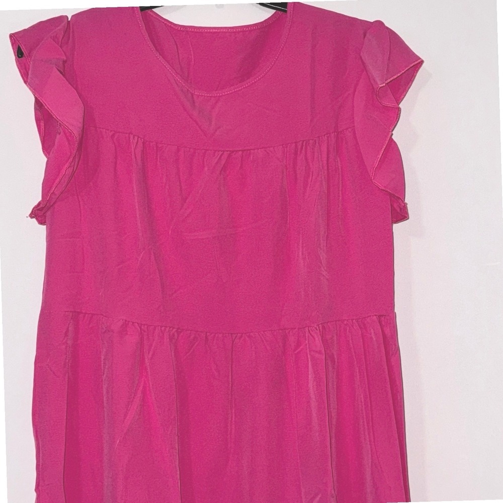 Hot Pink Tiered Babydoll Mini Dress Ruffle Flutter Sleeve Round Neck Medium